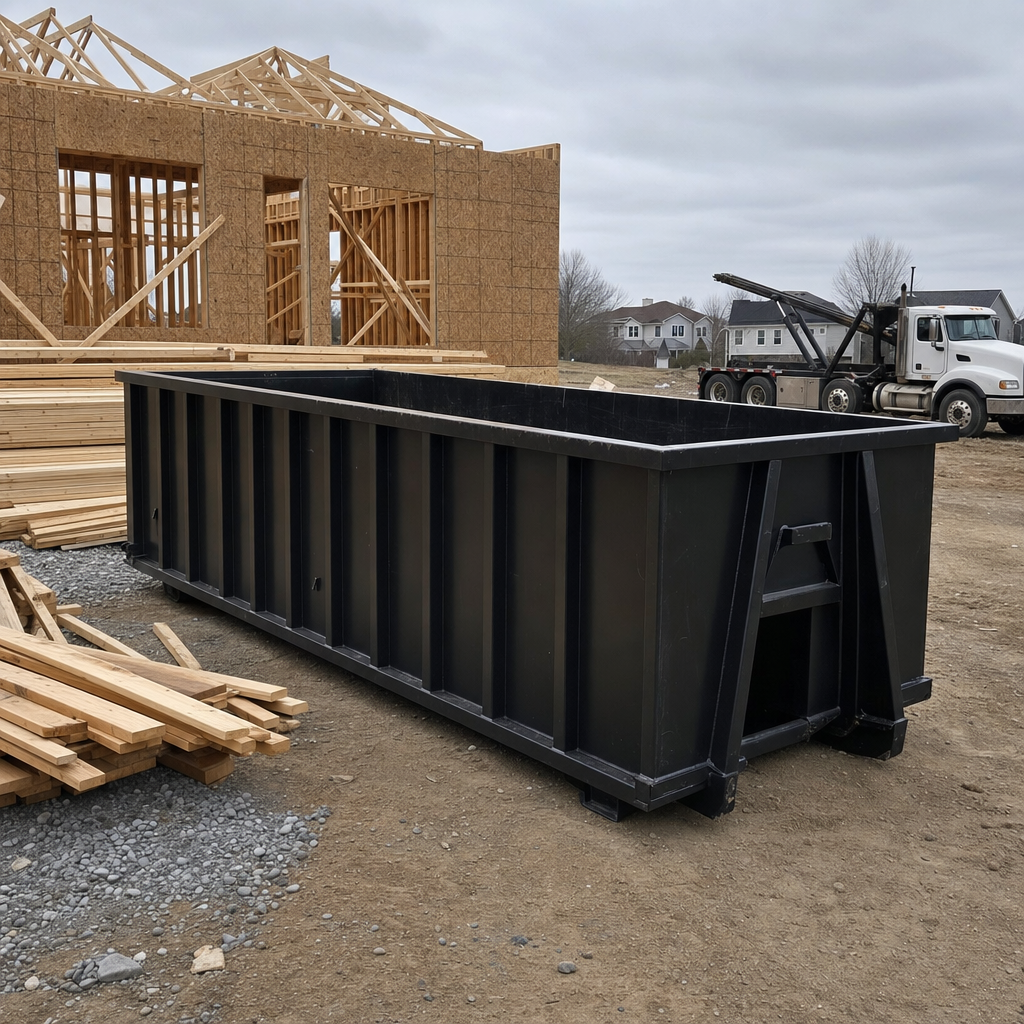 Matte-black 40-yard roll-off dumpster staged on a framed-out residential construction site in Rockford, framing lumber stacked nearby, hooklift delivery truck visible in the background under bright Colorado daylight