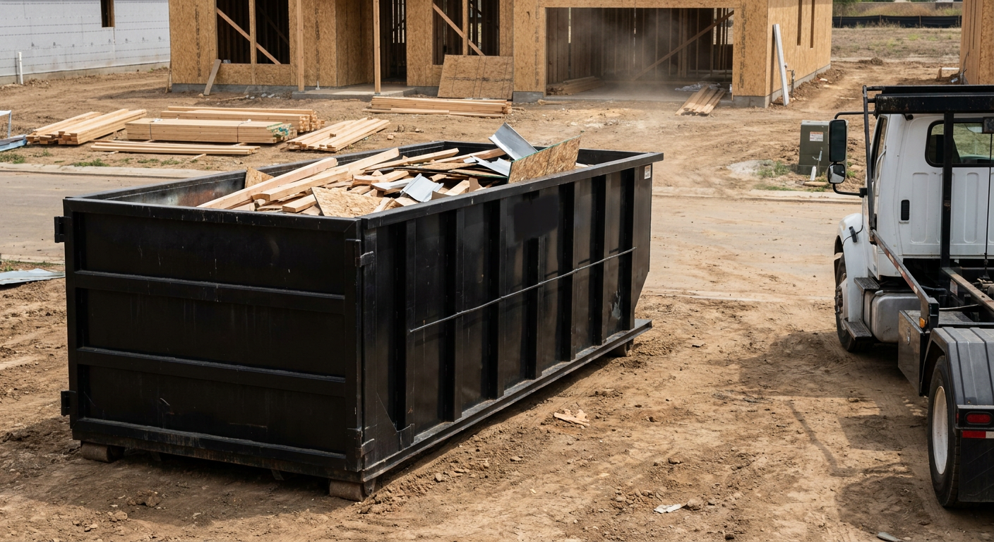 Matte-black 20-yard roll-off construction dumpster with heavy ribbed steel sidewalls and swing rear doors at a working jobsite in Rockford, sitting directly on compacted dirt with an unmarked white hauler partially visible at the far edge of the frame.