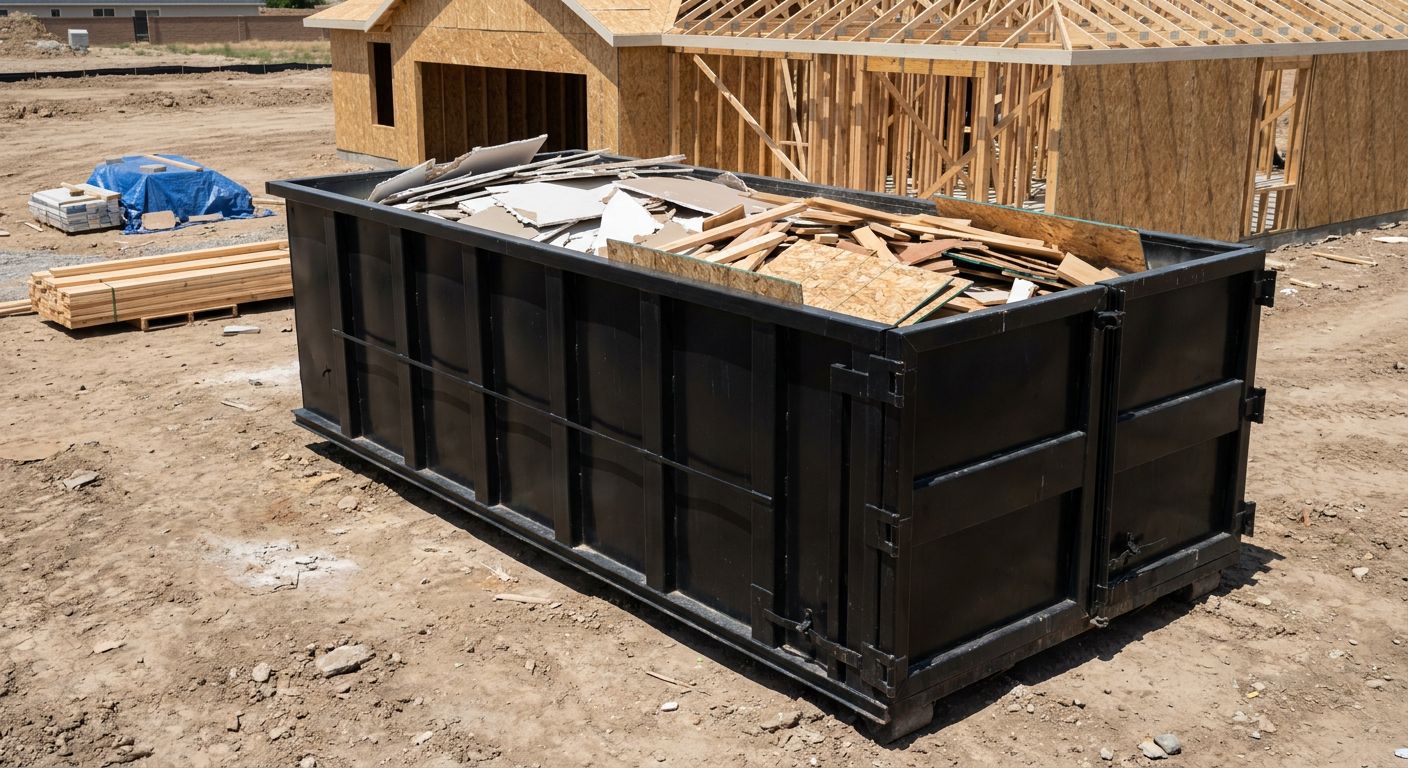 Matte-black 30-yard roll-off construction dumpster sitting directly on the compacted-dirt site of a framed single-family home build in Rockford, drywall and lumber scrap loaded inside.