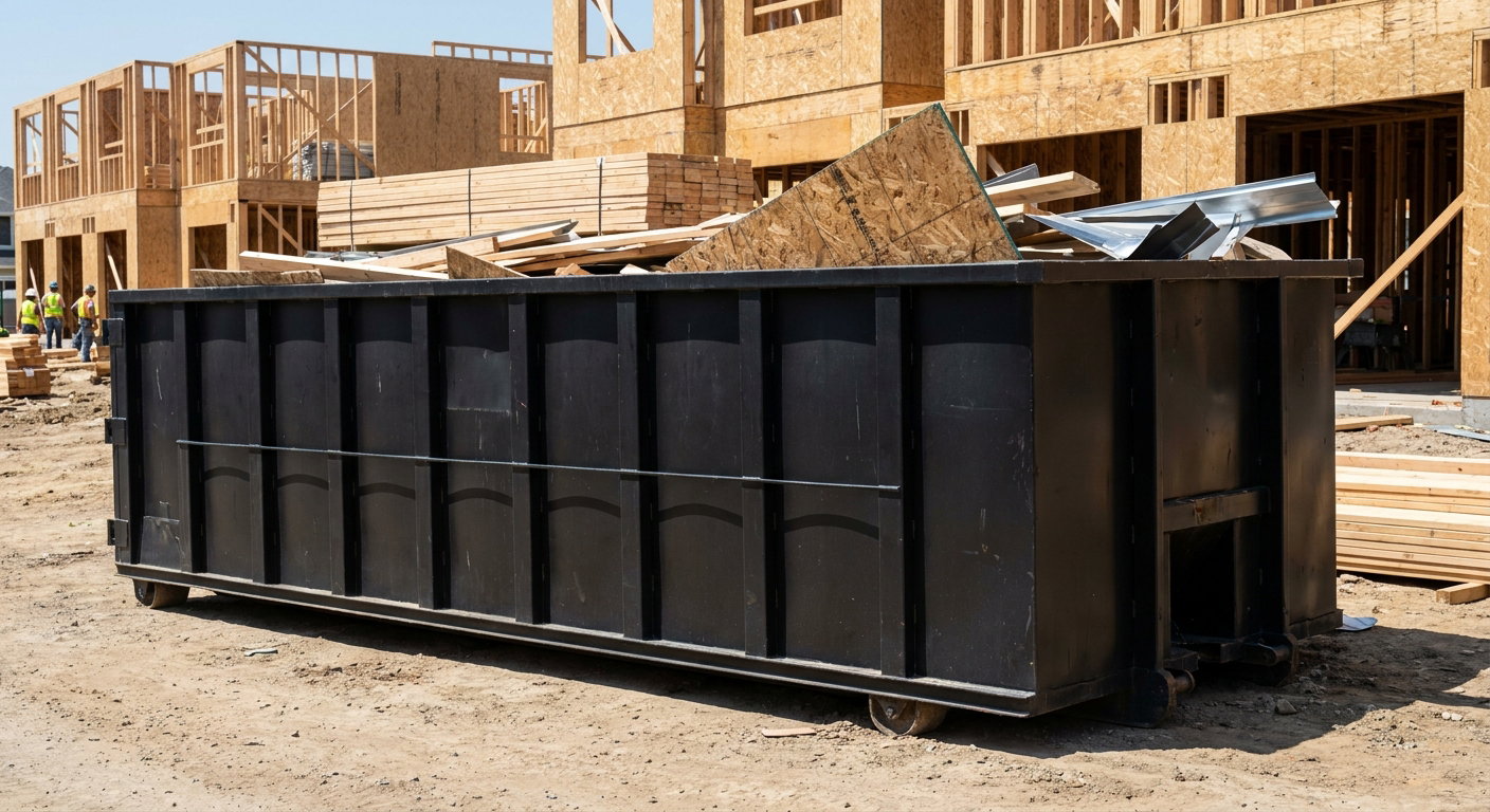 Matte-black 40-yard roll-off construction dumpster being lowered from a white-cab hooklift delivery truck onto the compacted-dirt jobsite at a commercial build site in Rockford