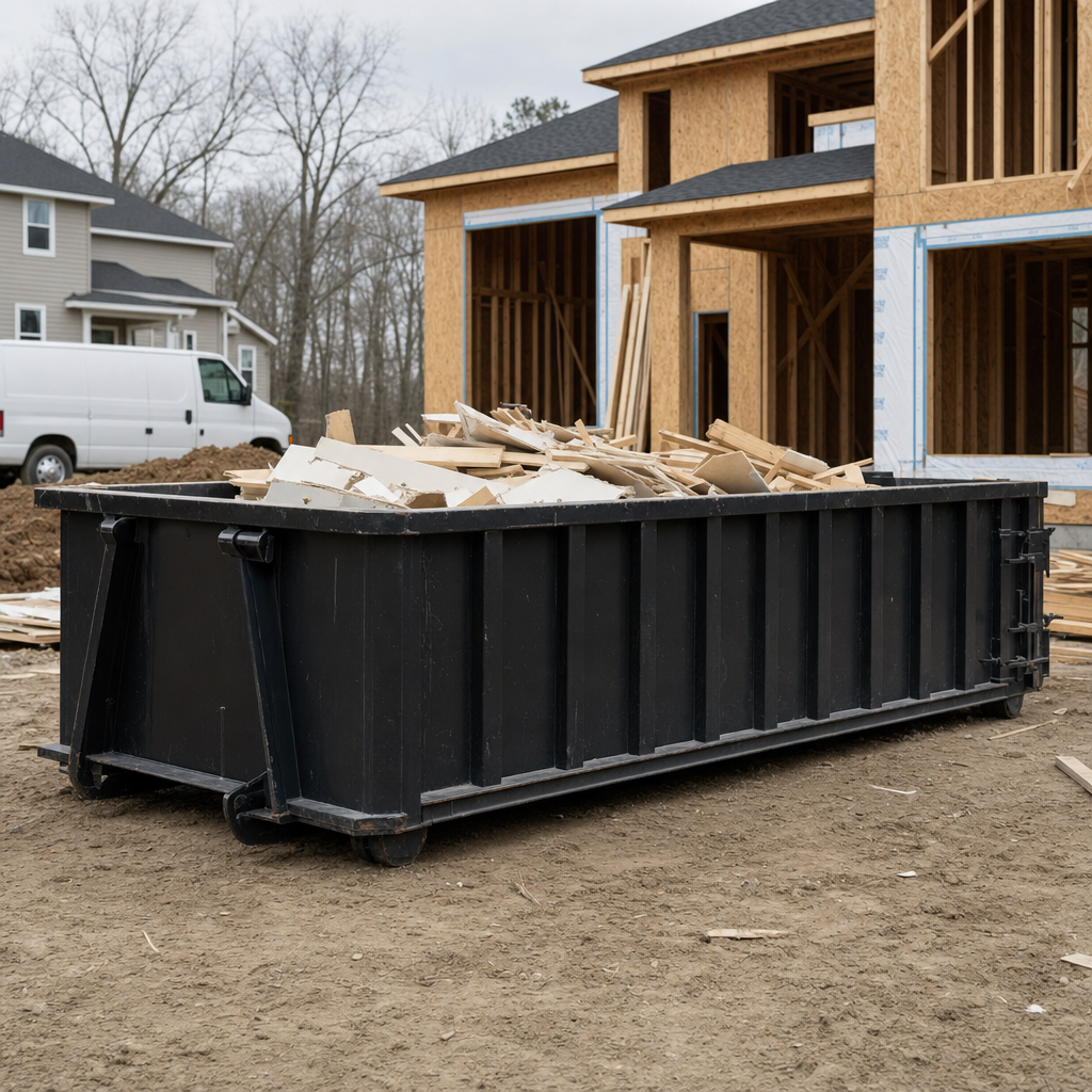 Worker in a yellow high-visibility vest tossing framing lumber and broken drywall into a matte-black 30-yard construction roll-off dumpster on an active build site in Rockford, bright daylight