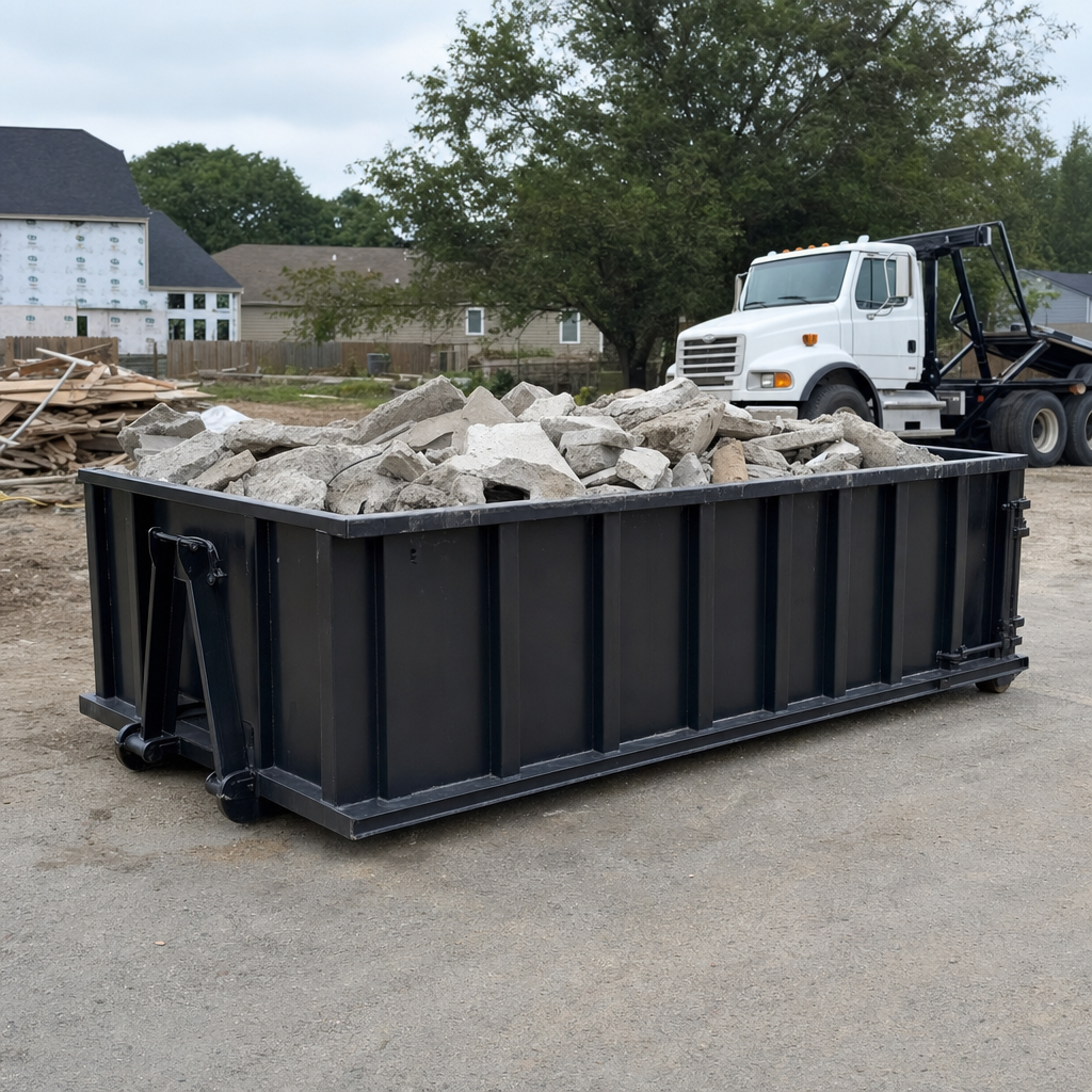 Low-profile matte-black lowboy roll-off dumpster loaded with broken concrete slab and rebar at a foundation tear-out in Rockford, skid steer parked beside it, sunny Colorado morning