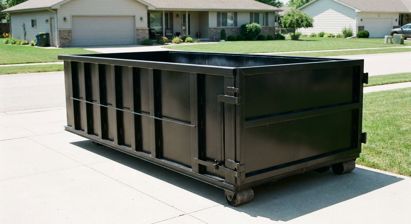 Matte-black 10-yard roll-off dumpster on a residential concrete driveway in Rockford, uniformly painted matte black across every panel and rail, ribbed steel sidewalls and rear swing door visible, mid-day daylight.