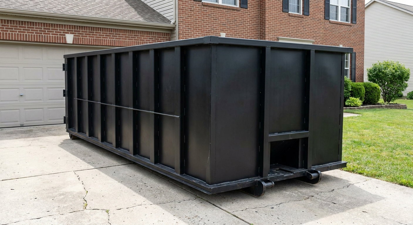 Matte-black 20-yard roll-off container on a Rockford residential concrete driveway with reinforced ribbed steel sidewalls and a hinged rear walk-in door, clean bright daylight.
