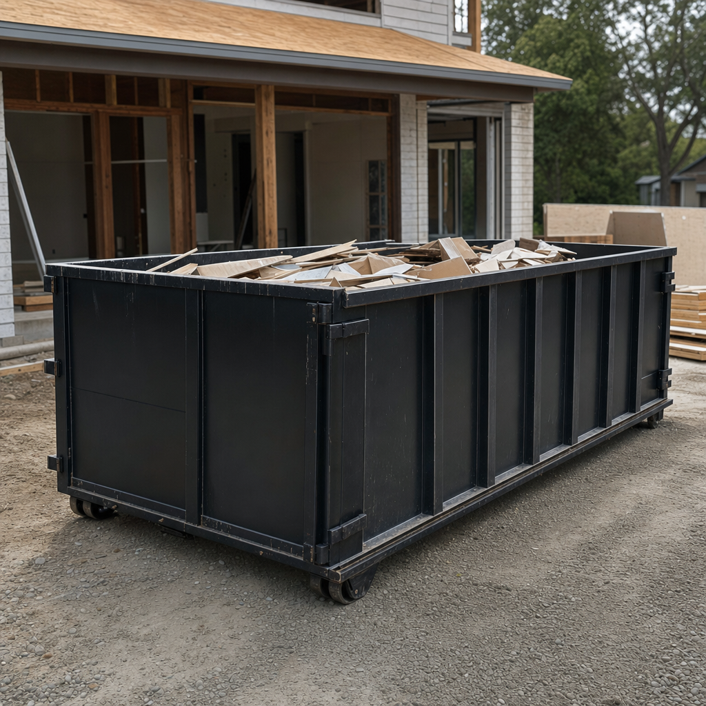Large matte-black 30-yard construction roll-off dumpster at an active Rockford jobsite, steel-gray top rails and bottom rollers visible, loaded with construction debris.
