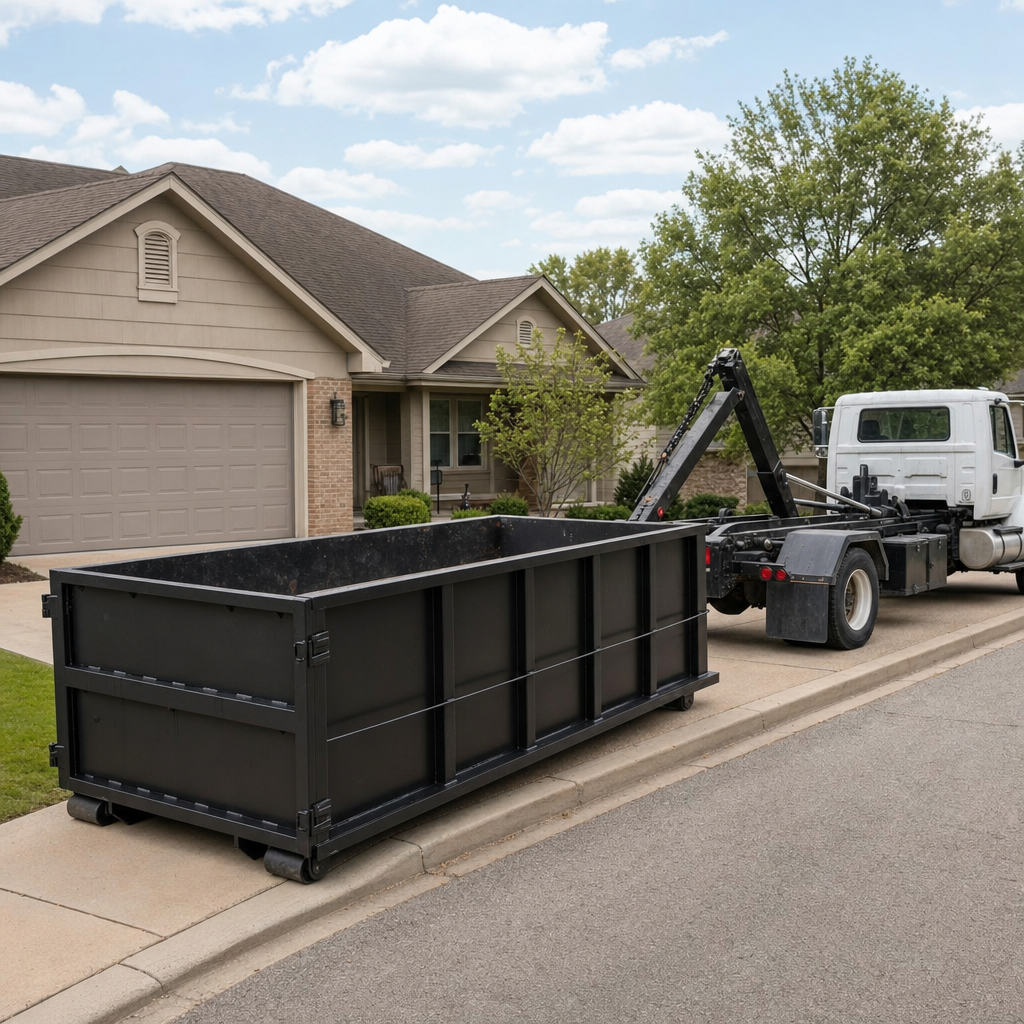 Wide documentary shot of a matte-black roll-off dumpster on a Rockford residential driveway in the foreground and a contractor jobsite container in the soft-focus background, bright daylight, calm and orderly composition.