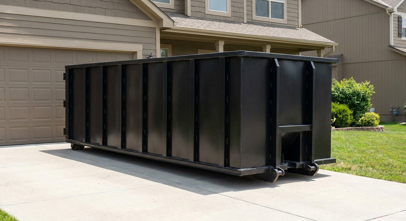 Matte-black residential roll-off dumpster sitting directly on a suburban Rockford concrete driveway, garage door closed, single-family home in background, bright morning daylight.