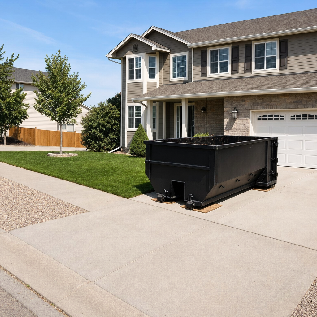 10-yard matte-black residential dumpster placed directly on a narrow Rockford concrete driveway, room remains for a parked sedan beside it, mid-morning natural light