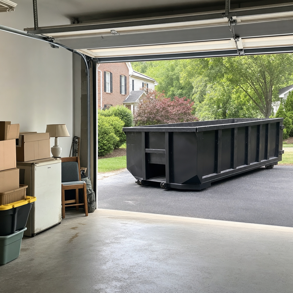 Open garage interior in a Rockford home mid-cleanout — boxed items, an old appliance, and stacked yard tools queued near the driveway for a matte-black roll-off dumpster, organized and calm