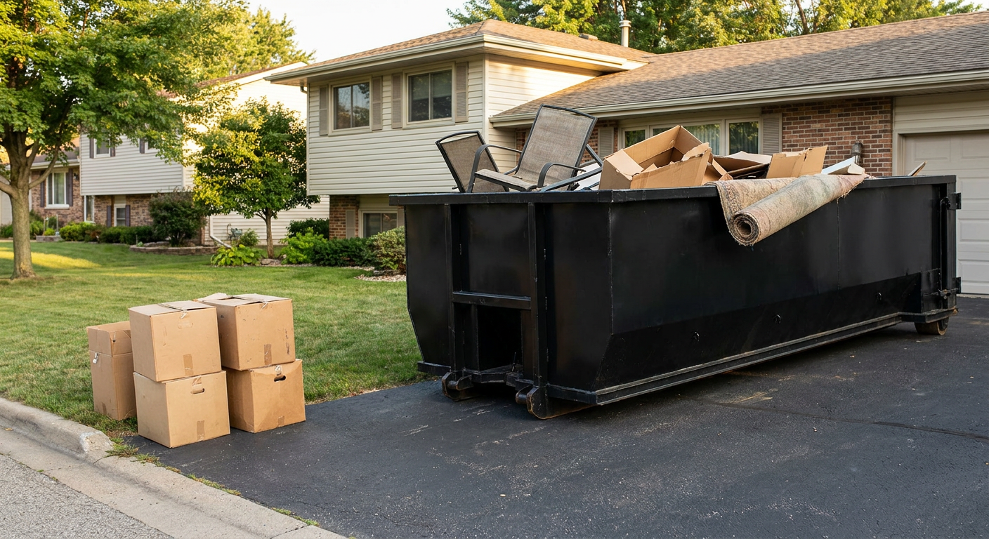 Front-yard view of a Rockford split-level home with a 20-yard matte-black roll-off dumpster sitting directly on the asphalt driveway, a few clearly labeled donation boxes staged at the curb, calm sunny afternoon.