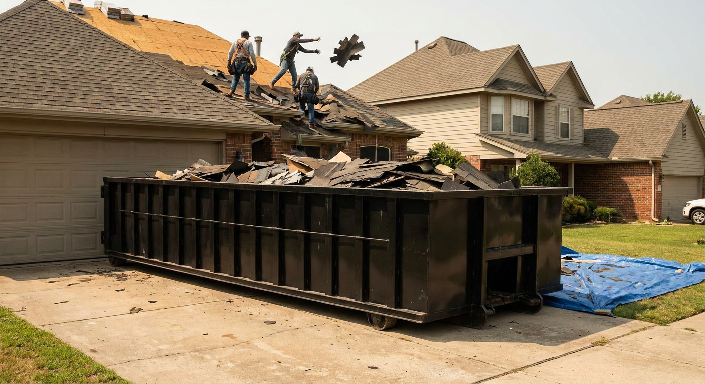 Matte-black roofing roll-off dumpster placed directly on a Rockford residential concrete driveway, a tear-off crew on a two-story asphalt-shingle roof tossing shingle bundles into the low-walled container, bright daylight, documentary 35mm perspective.