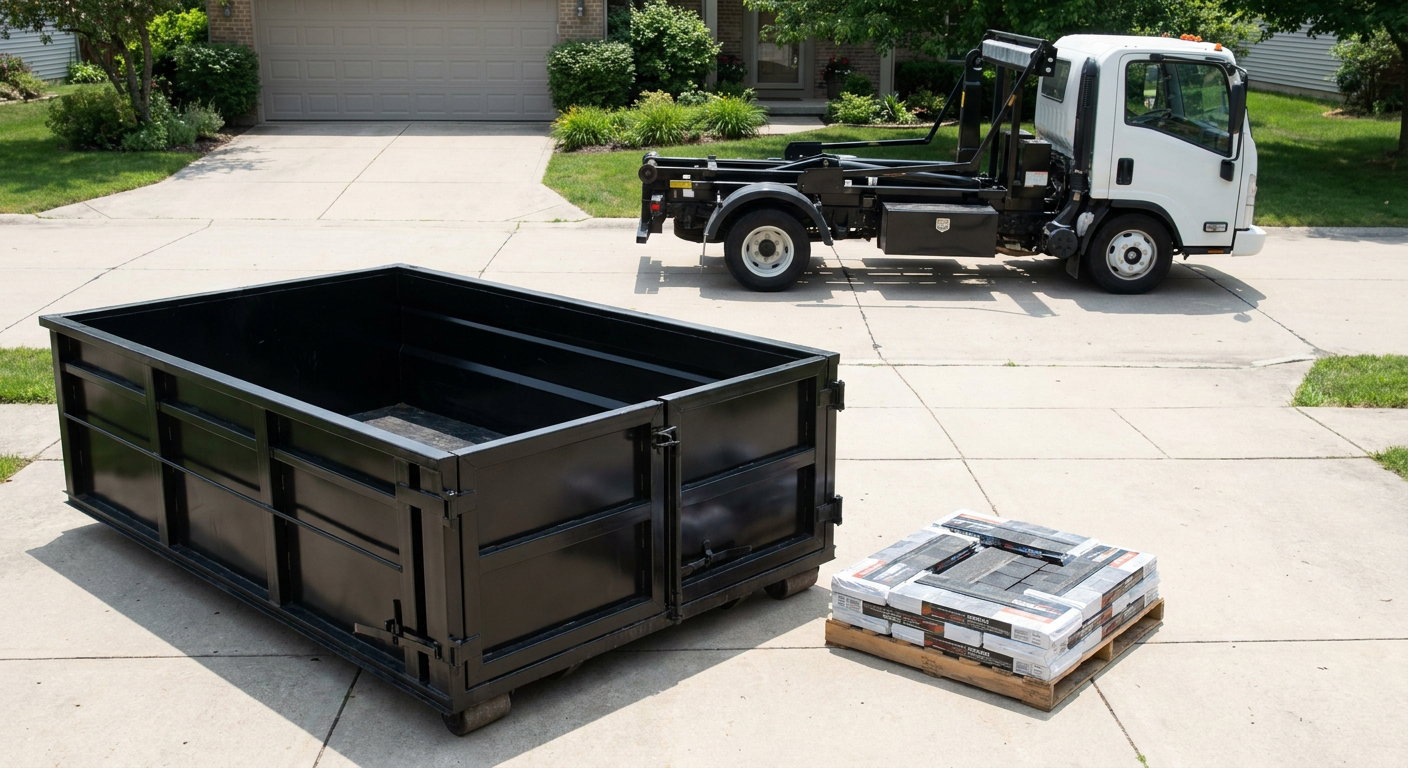 Matte-black 15-yard roofing roll-off dumpster with reinforced low side walls sitting directly on a Rockford residential concrete driveway, three-tab asphalt shingle bundles stacked nearby, an unmarked white hauler truck partially visible at the edge of the frame.