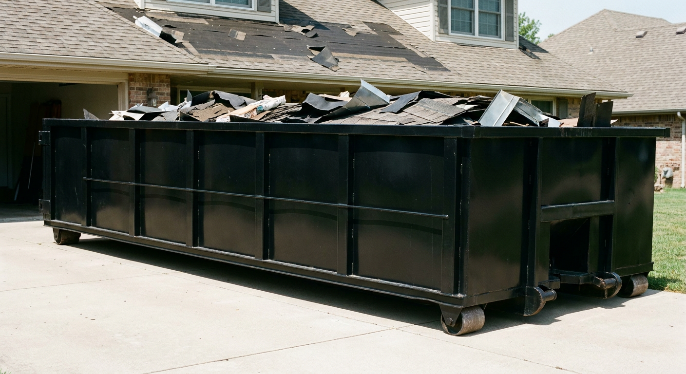 Matte-black 20-yard roofing roll-off dumpster with steel ribbed sides and swinging rear door, sitting directly on the concrete driveway of a two-story Rockford home, asphalt shingle debris being loaded over the low wall, clean documentary lighting.
