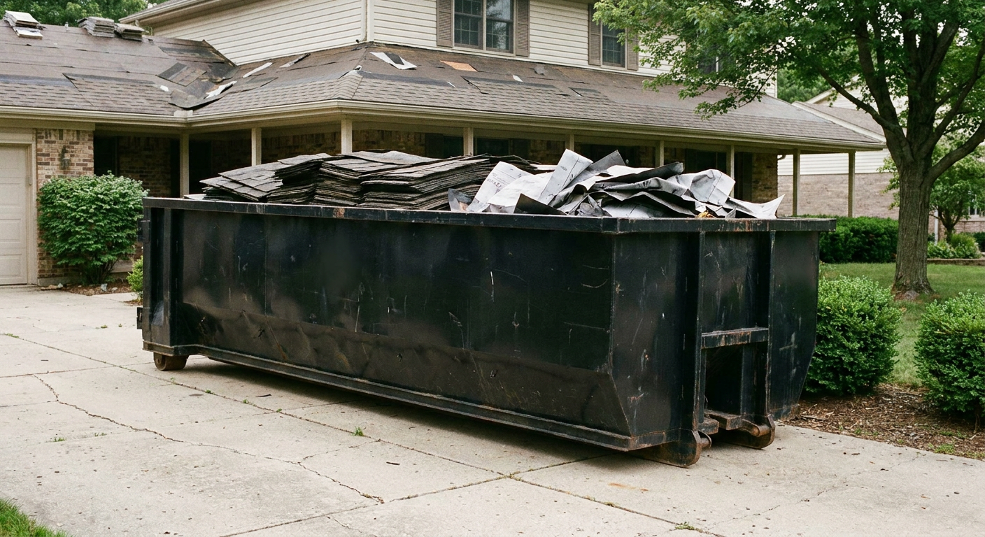 Matte-black 30-yard roofing roll-off dumpster sitting directly on a Rockford concrete driveway, taller ribbed steel side panels, mixed tear-off debris of asphalt shingles and underlayment inside, professional documentary daylight.