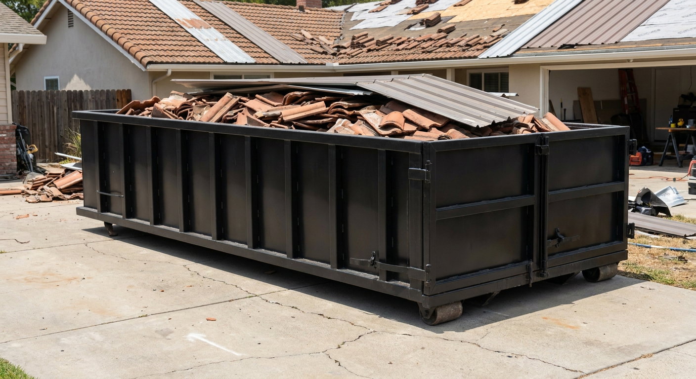 Matte-black low-wall heavy-debris roofing roll-off dumpster sitting directly on a Rockford concrete driveway, broken concrete clay roof tiles and metal panel sections loaded inside, reinforced ribbed steel side walls visible, bright outdoor daylight.