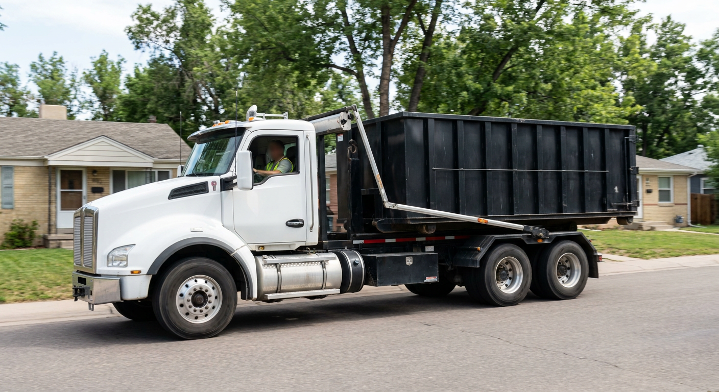 A matte-black roll-off dumpster being delivered onto a quiet Belvidere, IL residential street at mid-morning, neighborhood rooftops and tree-lined blocks behind, documentary daylight.