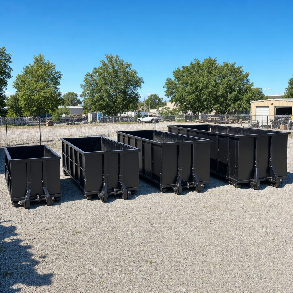 A clean lineup of matte-black roll-off dumpsters in 10, 20, 30, and 40-yard sizes staged on a sunlit gravel yard in Rockford, showing the size progression from compact to commercial-scale containers.