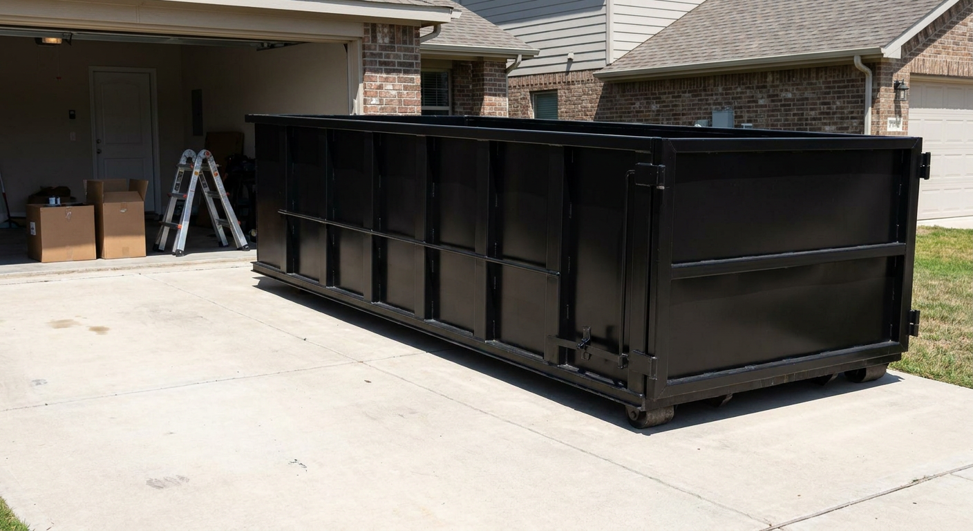 A matte-black 10-yard roll-off dumpster sitting directly on a residential Rockford concrete driveway, mid-day sunlight, clean and ready for a garage cleanout.