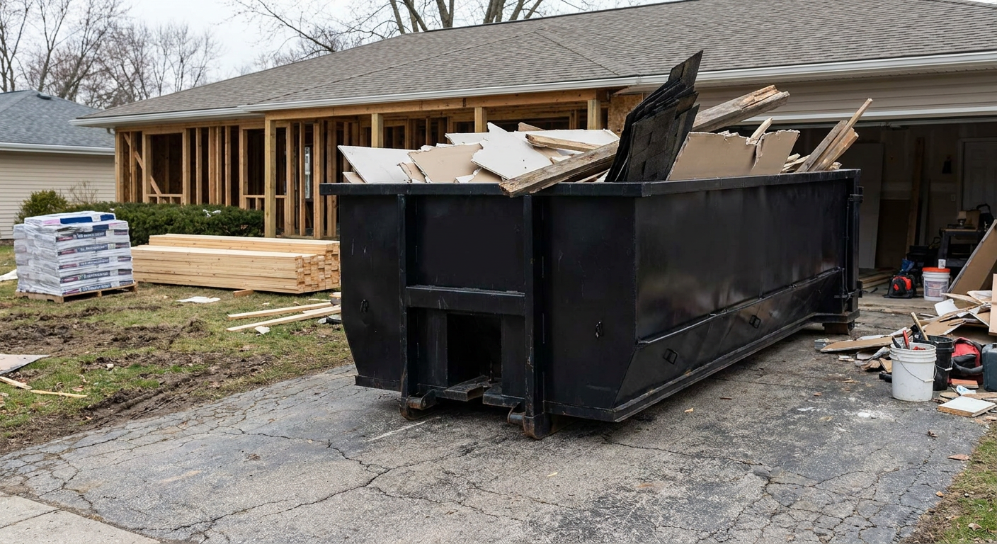 A matte-black 20-yard roll-off dumpster placed alongside a mid-renovation Rockford home directly on the asphalt driveway, with framing materials and torn-off shingles staged neatly nearby.