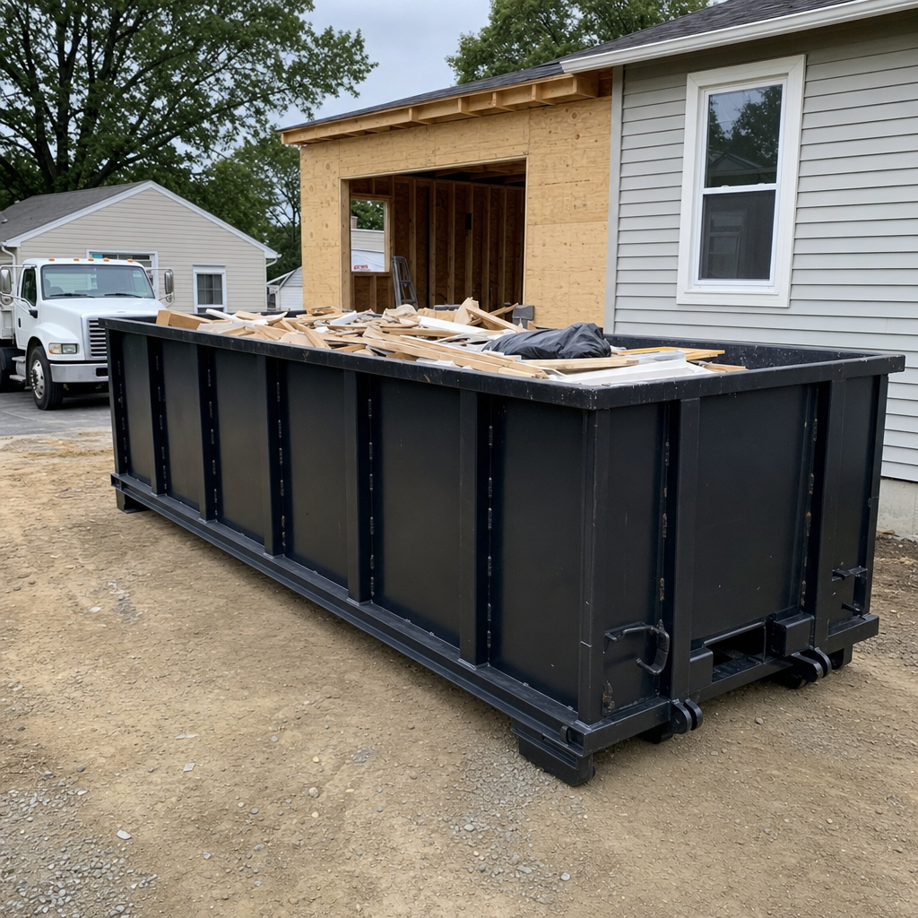 A matte-black 30-yard roll-off dumpster positioned at a Rockford residential addition jobsite, with framing lumber and drywall scraps loaded through the open swinging rear doors.