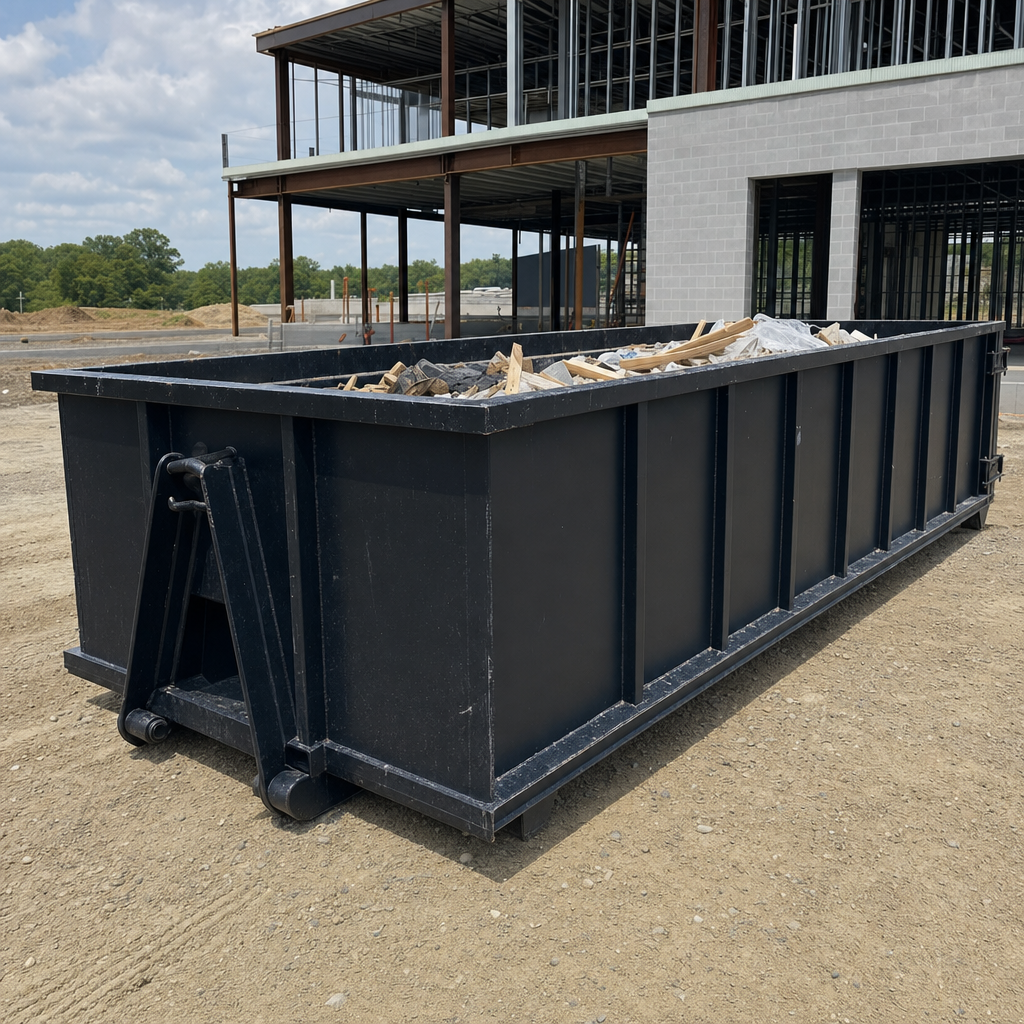 A matte-black 40-yard roll-off dumpster staged on a large Rockford commercial construction lot, with a hooklift delivery truck parked alongside under bright midday sky.