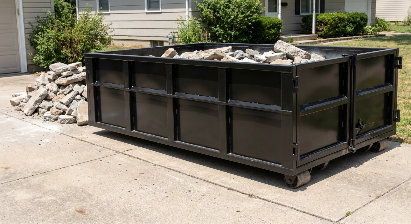 A matte-black low-side heavy-debris roll-off dumpster placed directly on a Rockford concrete driveway, with broken concrete chunks neatly stacked beside it under clean daylight.